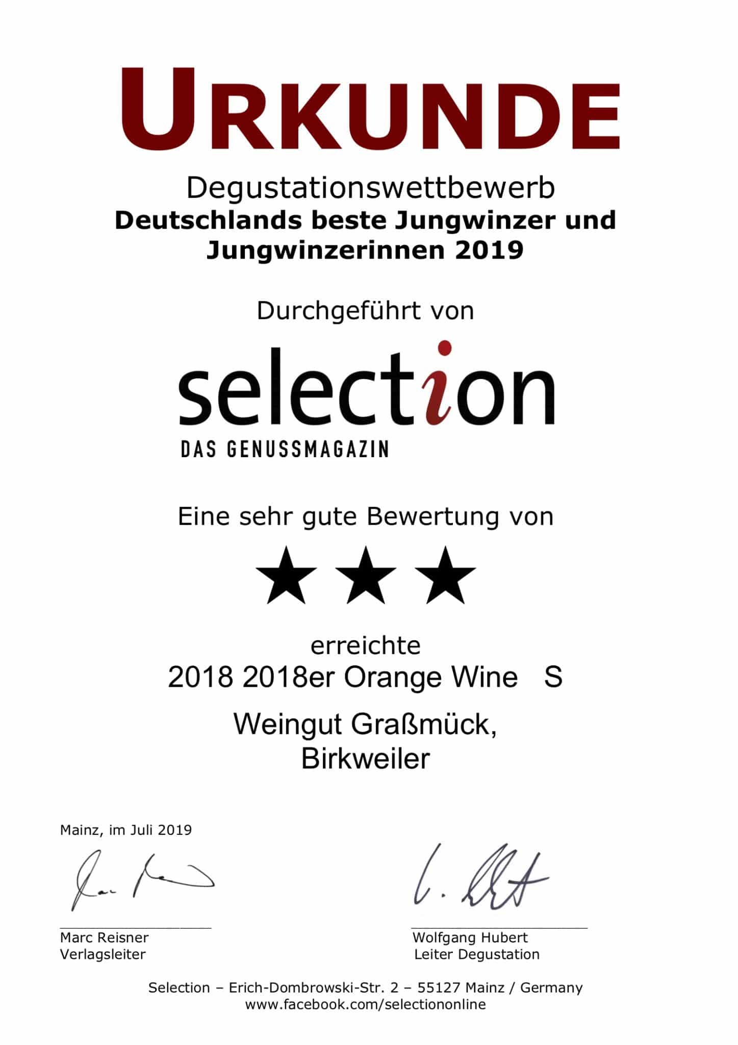 Urkunde von selection für Weingut Graßmück